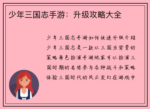 少年三国志手游：升级攻略大全